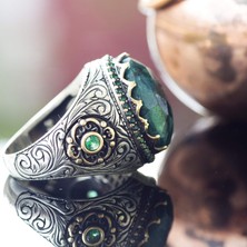 El Yapımı Gümüş Erkek Yüzük, Doğal Taş Yüzük (Zümrüt)