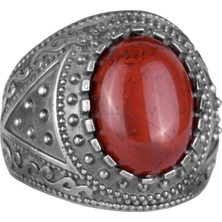 Doğal Taş Yüzük, 925 Ayar Katı Gümüş Erkek Yüzüğü (Kırmızı Kan Taşı)