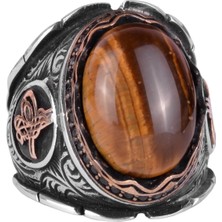 El Yapımı Cabochon Kaplan Gözlü Taş Yüzük, 925K Katı Gümüş Erkek Yüzüğü, Cesur Tasarım, Osmanlı Tuğra Yüzüğü