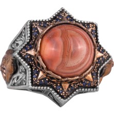 Sterling Gümüş Akik Taş Yüzük, Doğal Kırmızı Akik Erkek Yüzüğü, Vintage Yıldız Tasarımı