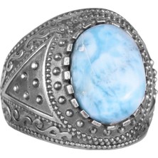 Doğal Taş Yüzük, 925 Ayar Katı Gümüş Erkek Yüzüğü (Larimar)
