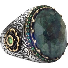 El Yapımı Gümüş Erkek Yüzük, Doğal Taş Yüzük (Zümrüt)