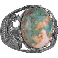 Doğal Arizona Turkuaz Taş Yüzük, Cami Detaylı Yüzük, 925 Ayar Gümüş Yüzük (Model-3)