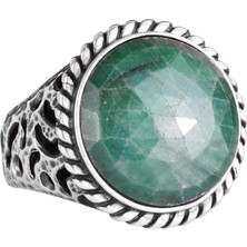 Doğal Taş Yüzük - 925 Ayar Katı Gümüş Erkek Yüzük Zümrüt ile