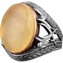 Doğal Taş Erkek Yüzüğü, Kılıç Yüzüğü, 925 Ayar Gümüş Erkek Yüzüğü (Kehribar)