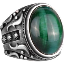 Yeşil Kedi Gözü Yapay Taş Yüzük, 925 Ayar Gümüş Yüzük, Tasarım Gümüş Erkek Yüzüğü