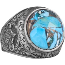 Doğal Turkuaz Taşlı, Ayrıntılı Çiçek Tasarımlı Gümüş Erkek Yüzük