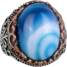 Doğal Taş El Yapımı Yüzük - 925 Ayar Gümüş El Yapımı Yüzük - Şık Farklı Yüzük (Mavi Akik)