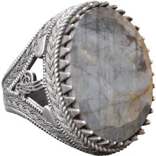 925 Ayar Gümüş Erkek Yüzük ile Doğal Labradorit Taşı - Detaylı Etnik Tasarım - El Yapımı Gümüş Yüzük