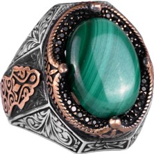 Doğal Malakit Taş Yüzük - Canlı 925 Ayar Katı Gümüş Erkek Yüzük, Şifa Enerjisi Tasarımı