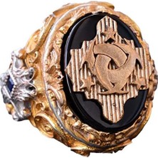 El Yapımı Oniks Yüzük - 925 Ayar Katı Gümüş Erkek Yüzük (Arma)