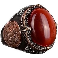 El Yapımı Sterlin Gümüş Yüzük ile Doğal Karnelyan Taşı ve Süleyman Yıldızı Sembolü