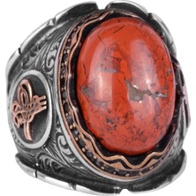 Osmanlı Tuğrası Gümüş Yüzük, 925 Ayar Saf Gümüş Yüzük, El Yapımı Doğal Kırmızı Kan Taşı Yüzük