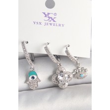 Pirinç Gümüş Renk Zirkon Taşlı Fatma Ana Yonca Figür Göz Detay 3'lü Kadın Kombin Küpe