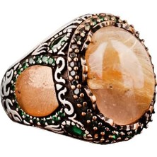 Doğal Altın Rutilit Kuvars Taş Yüzük, Sterlin Gümüş Erkek Yüzük