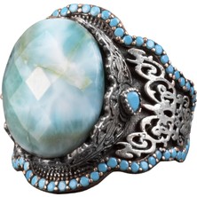 El Yapımı 925 Ayar Gümüş Erkek Yüzük - Doğal Taşlı Tasarım (Larimar)