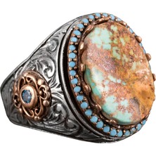 Erkek El Yapımı Doğal Arizona Turkuaz Taş Yüzük, 925 Ayar Gümüş Yüzük, Sultan Yüzük