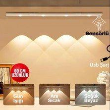 Hareket Sensörlü - Dekoratif Gece Lambası - USB Şarjlı LED Aydınlatma 60  cm  Beyaz Kasa
