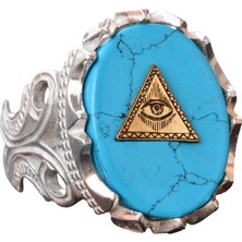 El Yapımı 925 Ayar Gümüş Erkek Yüzük, Gizemli Esoterik Sembol, Turkuaz Taşı, Karmaşık Sinyet Tasarımı, Tılsım Yüzük (Kötü Göz Piramidi)