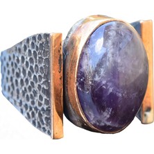 Doğal Ametist Taşlı Çekiç Tatu Saat Erkek Sterlin Gümüş Yüzük - 925 Ayar Gümüş