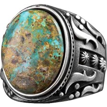 925 Ayar Gümüş Erkek Yüzük - Doğal Arizona Turkuaz Taşı - Vintage Tasarım El Yapımı Takı (Model-3)