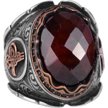 Gerçek Doğal Granat Taşı Yüzük, 925 Ayar Gümüş Yüzük, Osmanlı Tuğra Yüzüğü
