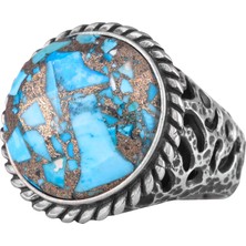 Doğal Turkuaz Taşlı Gümüş Erkek Yüzüğü, Cesur Hamur Tasarımı