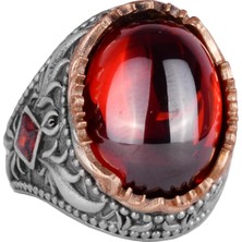 Yapay Taş Yüzük - El Yapımı Erkek Yüzüğü - Şık 925 Ayar Gümüş Erkek Takısı (Yapılmış Cabochon Garnet)