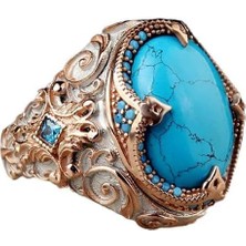 Erkekler Için Yapay Turkuaz Taş Yüzük, 925 Ayar Gümüş El Yapımı Detaylı Tasarım