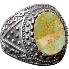 925 Ayar Gümüş Doğal Arizona Turkuaz Taşlı Erkek Yüzük - Doğum Taşı Yüzüğü - Vintage Tasarım