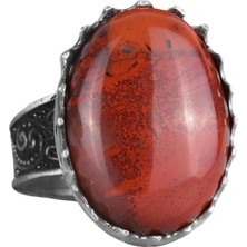 Doğal Taş Yüzük - 925 Ayar Gümüş Büyük Yüzük - El Yapımı Yüzük (Kırmızı Kan Taşı)