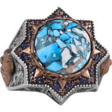 Doğal Turkuaz Taşlı Gümüş Erkek Yüzük, Yıldız Ilhamlı Tasarım