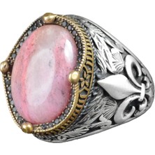 Zambak Desenli Gümüş Yüzük - 925 Ayar Gümüş El Yapımı Erkek Takısı (Rhodonit)