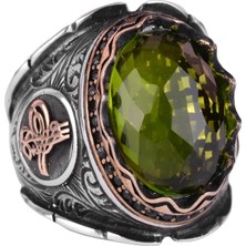 Gümüş Osmanlı Tuğra Yüzük, Doğal Olmayan Peridot Taşlı Yüzük, 925 Ayar Gümüş Erkek Yüzük