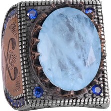 925 Ayar Gümüş Islami Yüzük, Yapay Taş Yüzük, El Yapımı Hat Yazısı Yüzük (Yapay Açık Mavi Paraiba)