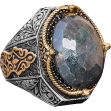 El Yapımı Vintage Tasarım Zümrüt Yüzük - 925 Ayar Gümüş Erkek Yüzük Altın Aksanlarla (Zümrüt)