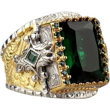 El Yapımı 925 Ayar Gümüş Erkek Yüzük, Yeşil Zümrüt Taşlı, Süslemeli Tasarım, Islami Yüzük