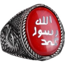 Islami Erkek Yüzük - Kartal Sembolü Yüzük - 925 Ayar Gümüş El Yapımı Erkek Yüzük (Kırmızı)