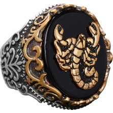 Doğal Obsidan Taş Yüzük - 925 Ayar Gümüş Yüzük - Damga Yüzük (Akrep)