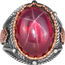 925 Ayar Gümüş Erkek Yüzüğü, El Yapımı Doğal Yıldız Yakut Taşlı Yüzük