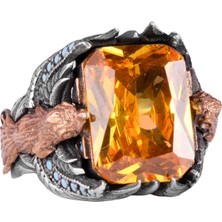 Erkekler Için Yılan Yüzük, Doğal Olmayan Sitrin Taşı Ile, El Yapımı 925 Ayar Gümüş Ifadeli Yüzük - Gücün, Refahın ve Pozitif Enerjinin Sembolü