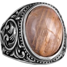 925 Ayar Katı Gümüş Erkek Yüzük, Doğal Cabochon Altın Rutilat Kuvars Taşı Yüzük, Tasarım Gümüş Erkek Yüzük