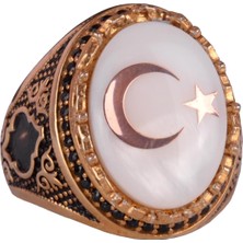 925 Ayar Gümüş Altın Kaplama Erkek Yüzük - Hilal ve Yıldız Tasarımı (Beyaz)