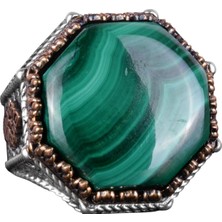 Doğal Taş Yüzük - Sekizgen Tasarım - El Yapımı 925 Ayar Gümüş Takı (Malahit)