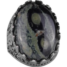 Doğal Taş Yüzük - Gül Desenli Yüzük - 925 Ayar Gümüş Yüzük - El Yapımı Büyük Yüzük (Yeşil Göz)