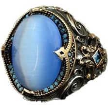 El Yapımı Yapay Taş Yüzük - 925 Ayar Gümüş Erkek Takısı (Mavi Kedi Göz)