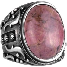 El Yapımı Doğal Rodonit Taşı Yüzük, 925 Ayar Gümüş Yüzük, Erkek Yüzüğü