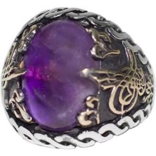 925 Ayar Gümüş Erkek Yüzük - Doğal Ametist Taşı - Osmanlı Tuğrası Tasarımı - Şık El Yapımı Takı