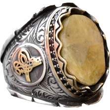 El Yapımı 925 Ayar Gümüş Erkek Yüzük ile Sarı Safir Taşı - Detaylı Osmanlı Mühür Yüzük Tasarımı - Özel Ayar Gümüş Yüzük