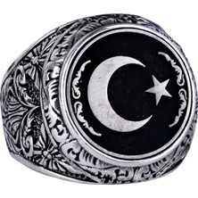 Yıldız ve Ay Yüzüğü - Erkekler Için 925 Ayar Gümüş Bayrak Yüzüğü